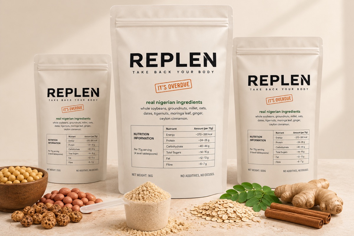 Replen 250g, 500g, and 1kg packs, with real ingredients in front